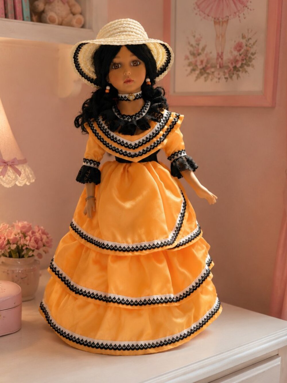 Vintage Porcelain Hispanic Girl Doll Orange Dress Straw Hat 15" Tall